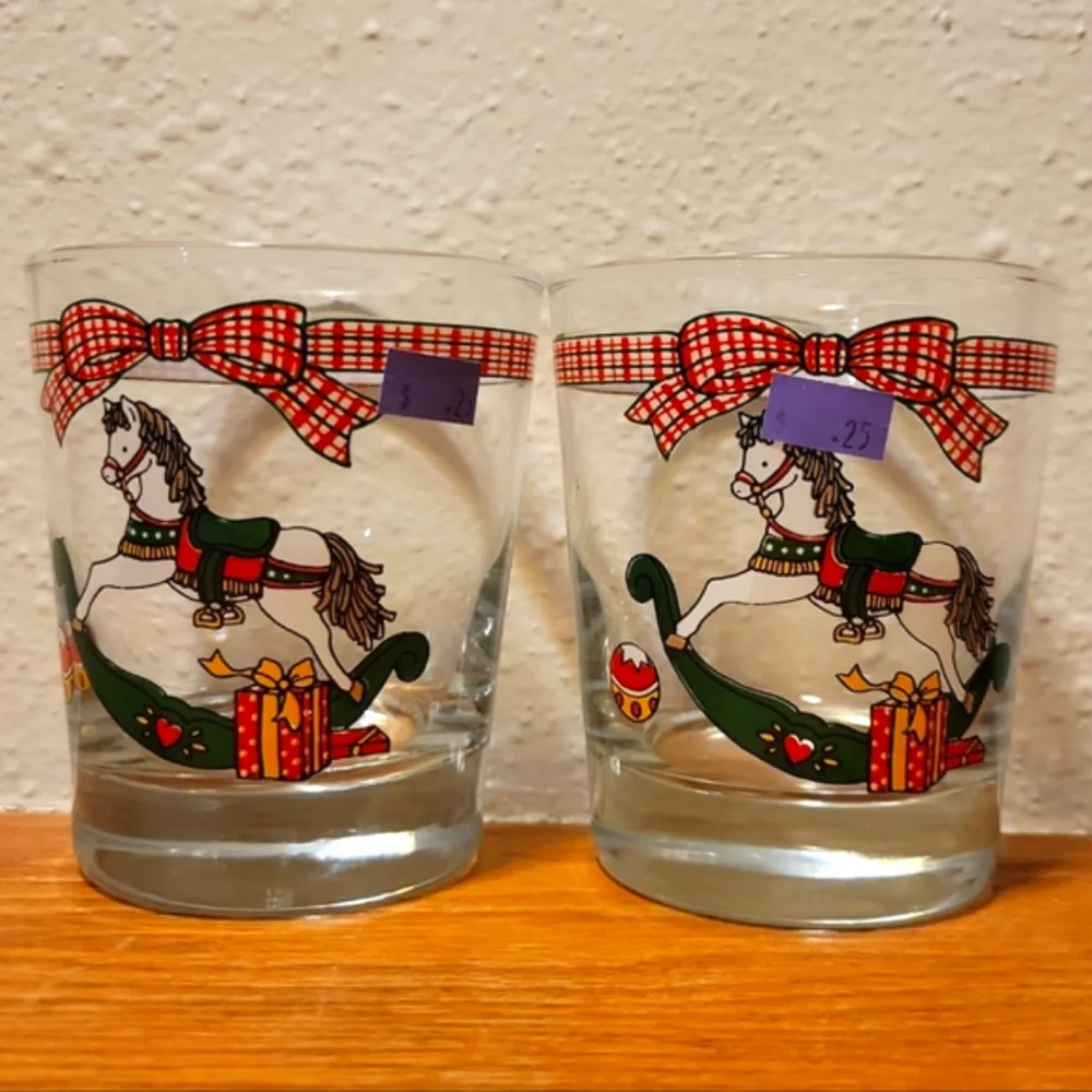 2 '80s Anchor Hocking Whiskey Rocking Horse Christmas Clear Glasses
